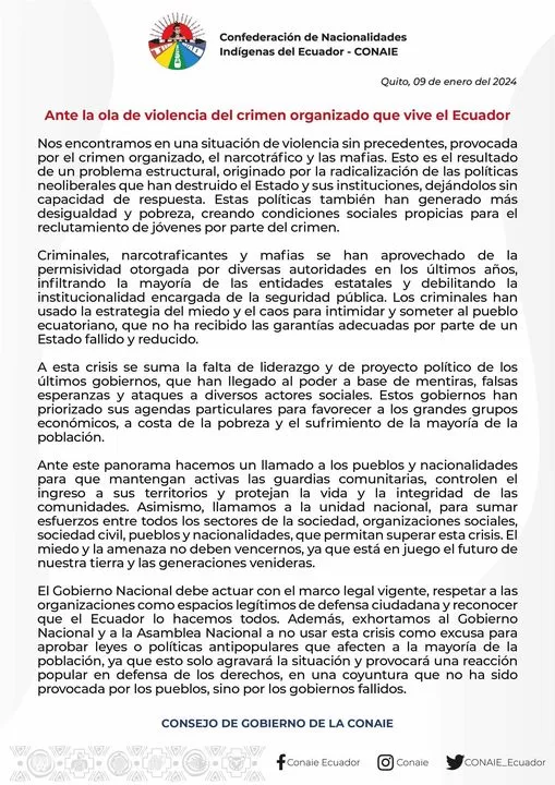 Communiqué de la CONAIE sur la situation en Equateur